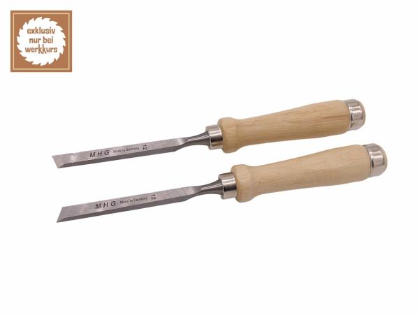 Preview: MHG Schrägeisen mit Weißbuchenheft, 12mm breit Spitzenwinkel 77°, Set rechts/links